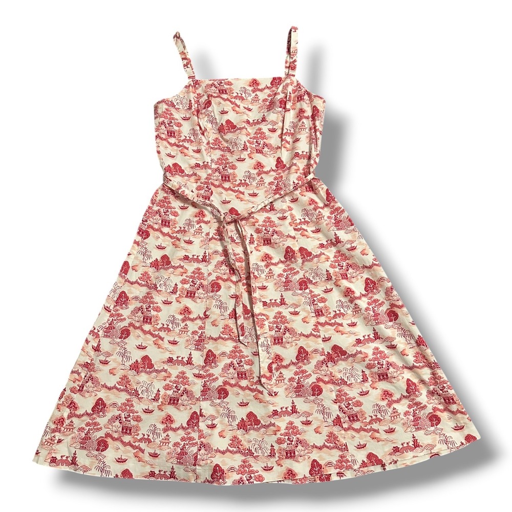 Vintage Yves Cossette Depeche Mode Red Toile Pagoda Fit & Flare Dress 4 Belted